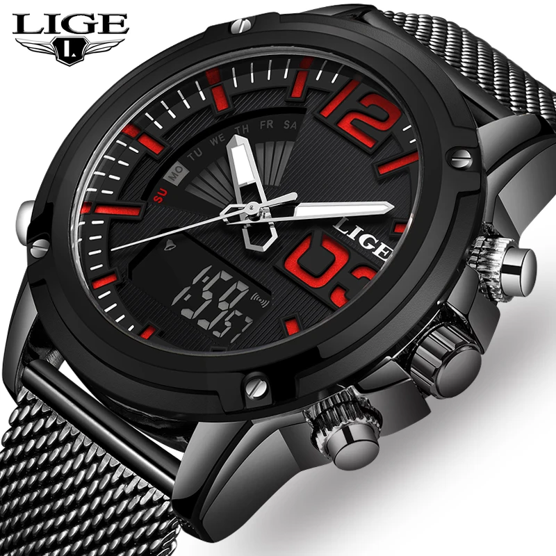 LIGE аналоговые цифровые мужские часы Топ люксовый бренд из нержавеющей стали спортивные часы мужские модные водонепроницаемые наручные часы мужские+ коробка