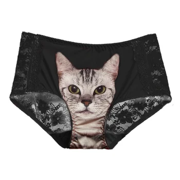 

Women 3D Cat Print Transparent Panties Sexy Lace Gauze Patchwork Panties Thin Light Seamless Underwear Briefs