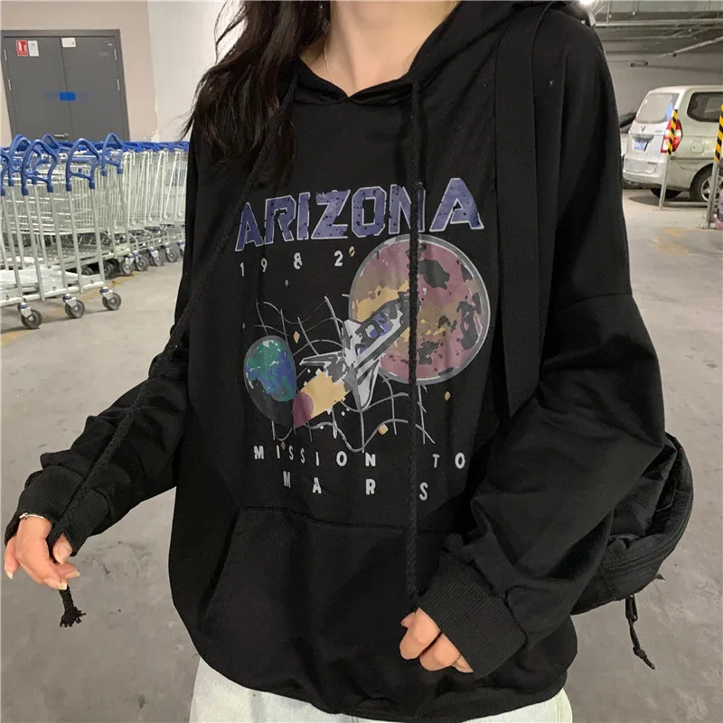 Online Autunno e di Inverno Del Cotone Nostalgia Vecchio Pianeta Stampato Harajuku Astronave Arizona Spazio Stampa Nero Felpa Con Cappuccio Felpa Con Cappuccio
