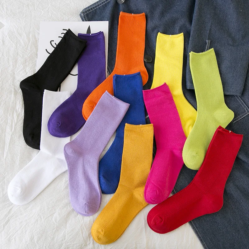 Color Harajuku Retro Women Lady Cotton Loose Socks Korean Purple Klein Blue Yellow Red Designer Christmas Cute mori japanese | Женская
