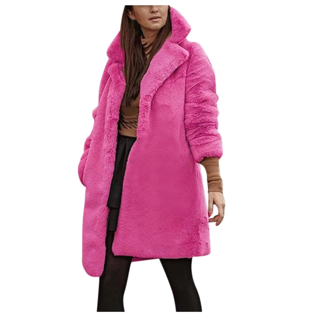 Зимнее Новое однотонное пальто из искусственного меха размера плюс, длинное пальто для офиса, дамские пушистые куртки с плюшевым мишкой, модное меховое пальто