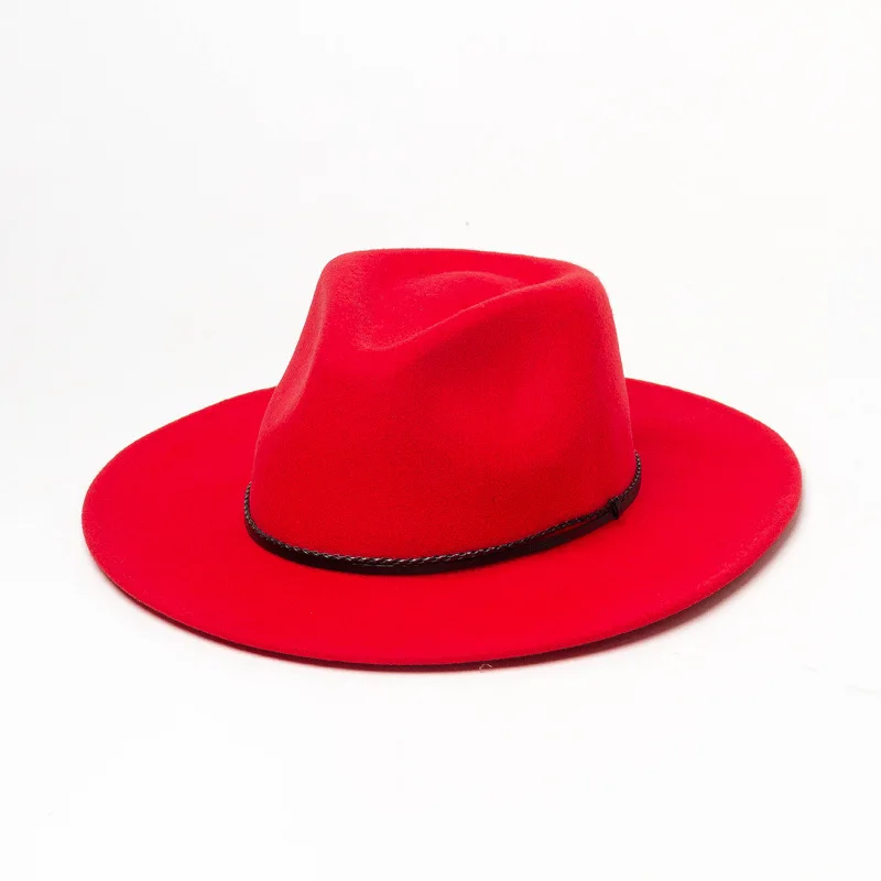 Красный 01907-HH8167 британский стиль зимний шерстяной ремень лента Шляпа Fedora Мужская Женская шерстяная шляпа - Цвет: Красный
