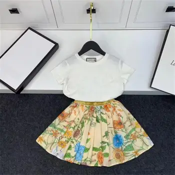 

Y6198 Brand Golden letter White T-shirt & flower skirt suit high-end quality clothing set for big girl