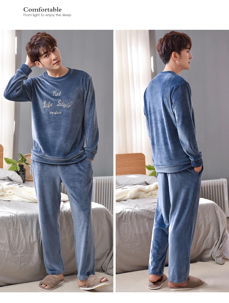 cotton pyjama set Fashion Autumn Winter Letter Pajamas Sets for Men Soft Island Fleece Male Sleepwear Big Yards M-3XL Home Wear Lounge Nightwear cotton loungewear