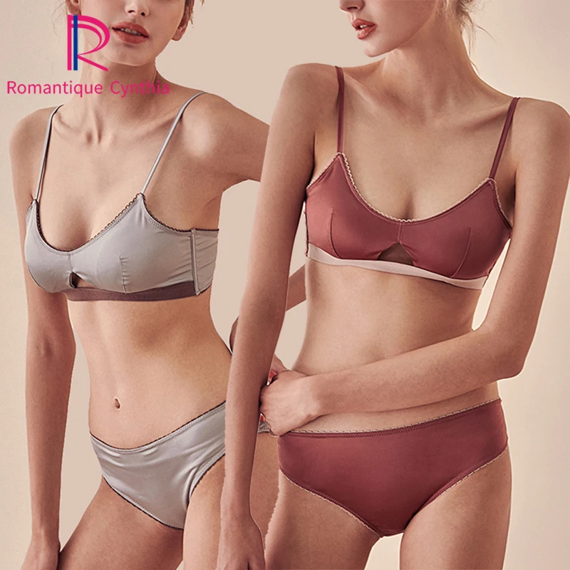 

French Sexy Bralette Set Satin Wireless Thin Padded Push Up Soft Brassiere Lingerie Plus Size Bra And Panty Underwear Women Set
