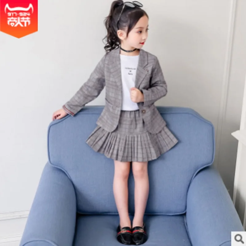 

Girls Skirt Suits Sets 2019 New Spring and Autumn Girls Children's Fashion Single-breasted Plaid Gray Color Suits Size4-14 ly145
