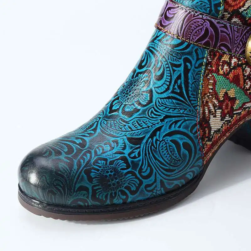 Tanie SOCOFY Retro czeski kobiety buty prawdziwej skóry Cowgirl buty Chunky średni obcas okrągły nosek Zip zasznurować panie botki