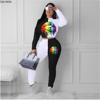 

2020 Autumn Winter Women Tracksuits Turtleneck Mouth Print Long Sleeve Top Long Pants two piece set Casual Sporty Outfits