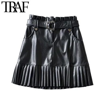 

TRAF Women Pleated Faux PU Leather Mini Skirt Women Vintage Fashion High Waist Pockets With Belt Short Skirts Chic Faldas Mujer