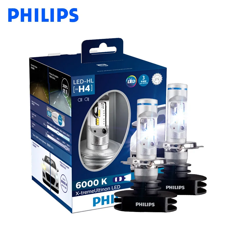 

Philips LED H4 H7 H8 H11 H16 9005 9006 X-treme Ultinon LED Car Headlight Fog Lamps 6000K Cool White +200% Brighter Bulbs, Pair