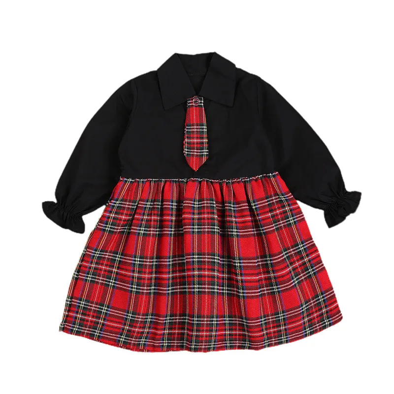 

Baby Girl Neutral Style Christmas Plaid Stitching One-piece Dress College Style Uniform Daily Long Sleeve Dress with Bow Tie