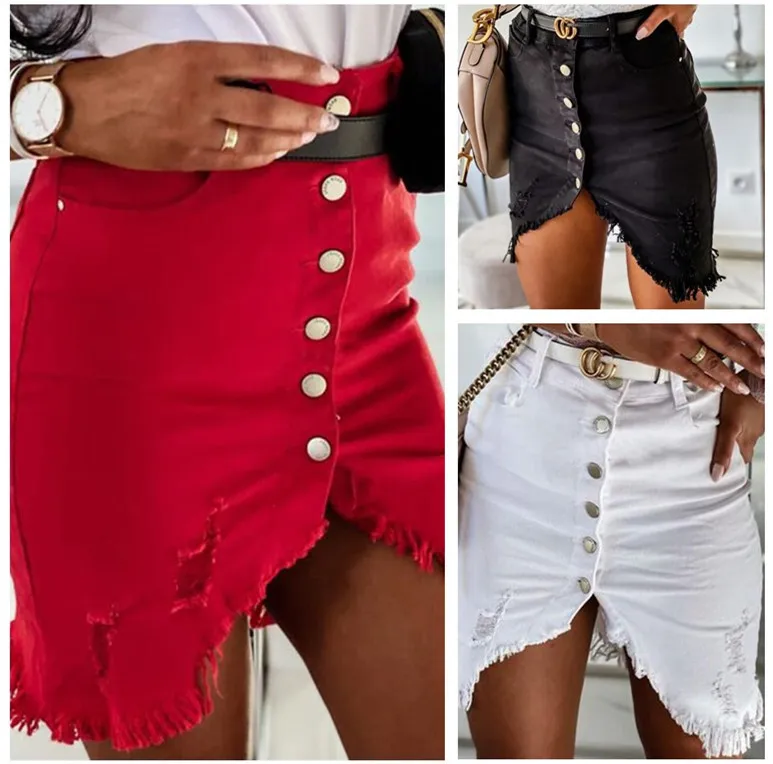 

Stretch Denim Short Skirt Women Single-breasted Solid Plus Size Black White Skirts Summer Fall Sexy Skirts Faldas Mujer