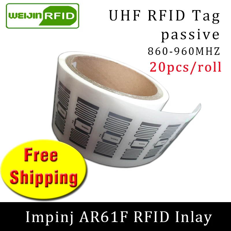 

UHF sticker RFID tag impinj MonzaR6 AR61F wet inlay 915m 860-960mhz EPC 6C 20pcs free shipping self-adhesive passive RFID label
