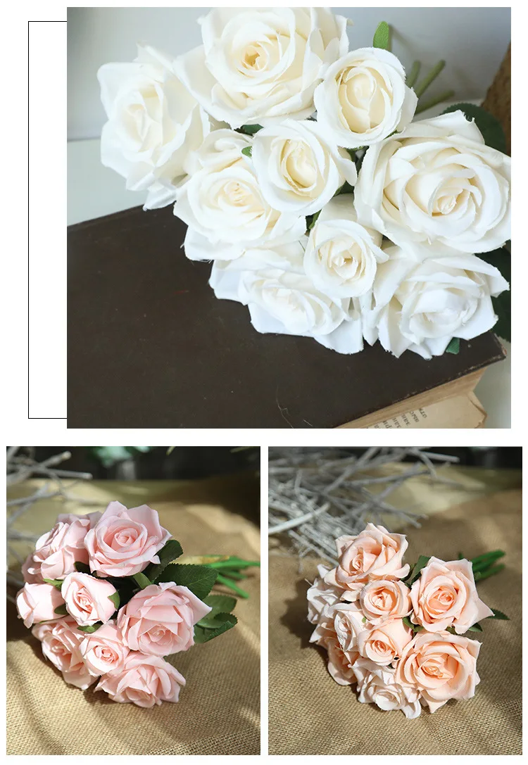 JAROWN Artificial Rose Silk Fake Flowers wedding Flowers Bouquet 9  Head Rose Flowers Home Decoration party decoration Indoor Flores (17)