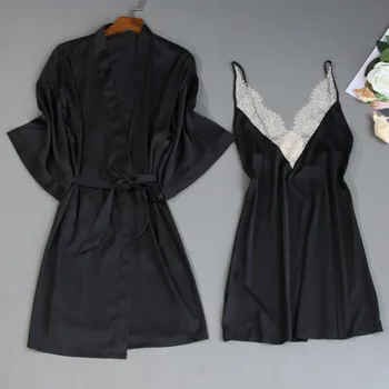 

Women Robe & Gown Sets Bathrobe Night Dress Silk Nightwear Sexy Lace Satin Sleep Lounge Pijama Sleeveless Chest Pads Pyjama