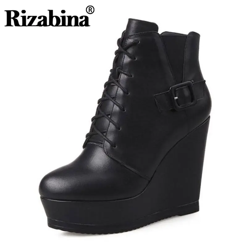 

RIZABINA Women Real Leather Wedge Boots Winter Warm Fur Women's Shoes Lace Up Ankle Boots Sexy Platform Footwear Size 34-39