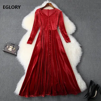 

Velvet Dress 2019 Autumn Winter Style Women V-Neck Tunic Buttons 3/4 Sleeve Mid-Calf Length Wine Red Black Party Christmas Dress
