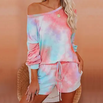 

2 Piece Sets Women Tie Dye Print Homewear Casual Tshirt and Shorts Sports Tracksuits Sleepwear Pajamas Lounge Wear