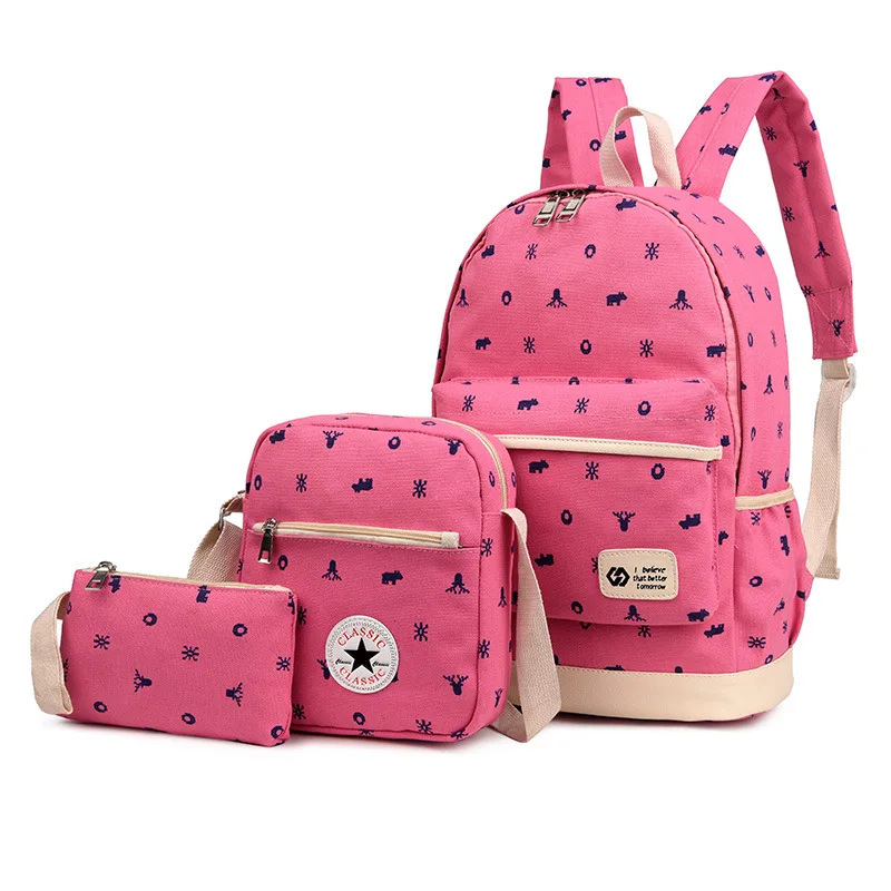 

2019 New Style Fashion Korean-style Casual Canvas Women's Backpack Cool GIRL'S Picture Three-piece Set Backpack School Bag