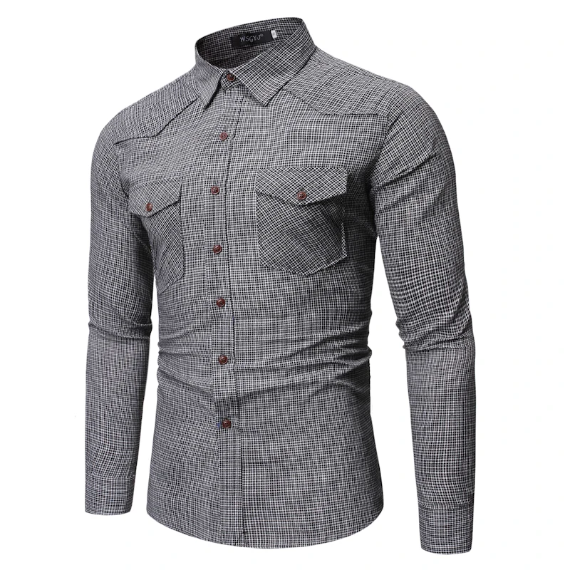 high quality Autumn winter double pocket coffee plaid long sleeve shirt male Korean shirt men's port wind casual jacket