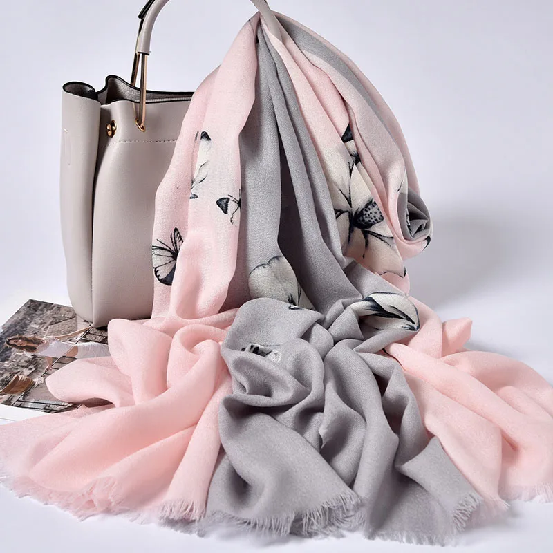 

Winter Pure Wool Scarf Women Flower Star Butterfly Shawls and Wraps for Ladies Echarpe Printing 100% Wool Scarves Foulard Femme