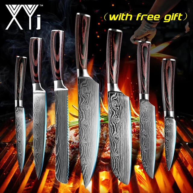 XYj 7PCS/set kitchen knives sets Japanese Knife Sets Cleaver Slicing  Utility Knives Chef Knife Slicing Knife Laser Damascus Pattern Damascus  Utility Knife Sharp Santoku Knife Set