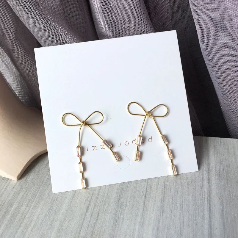 

S925 needle Fashion Bowknot Earrings 2020 Sweet Design Metal Wire With Clear Crystal Drop Earrings For Women Girl Party Gifts