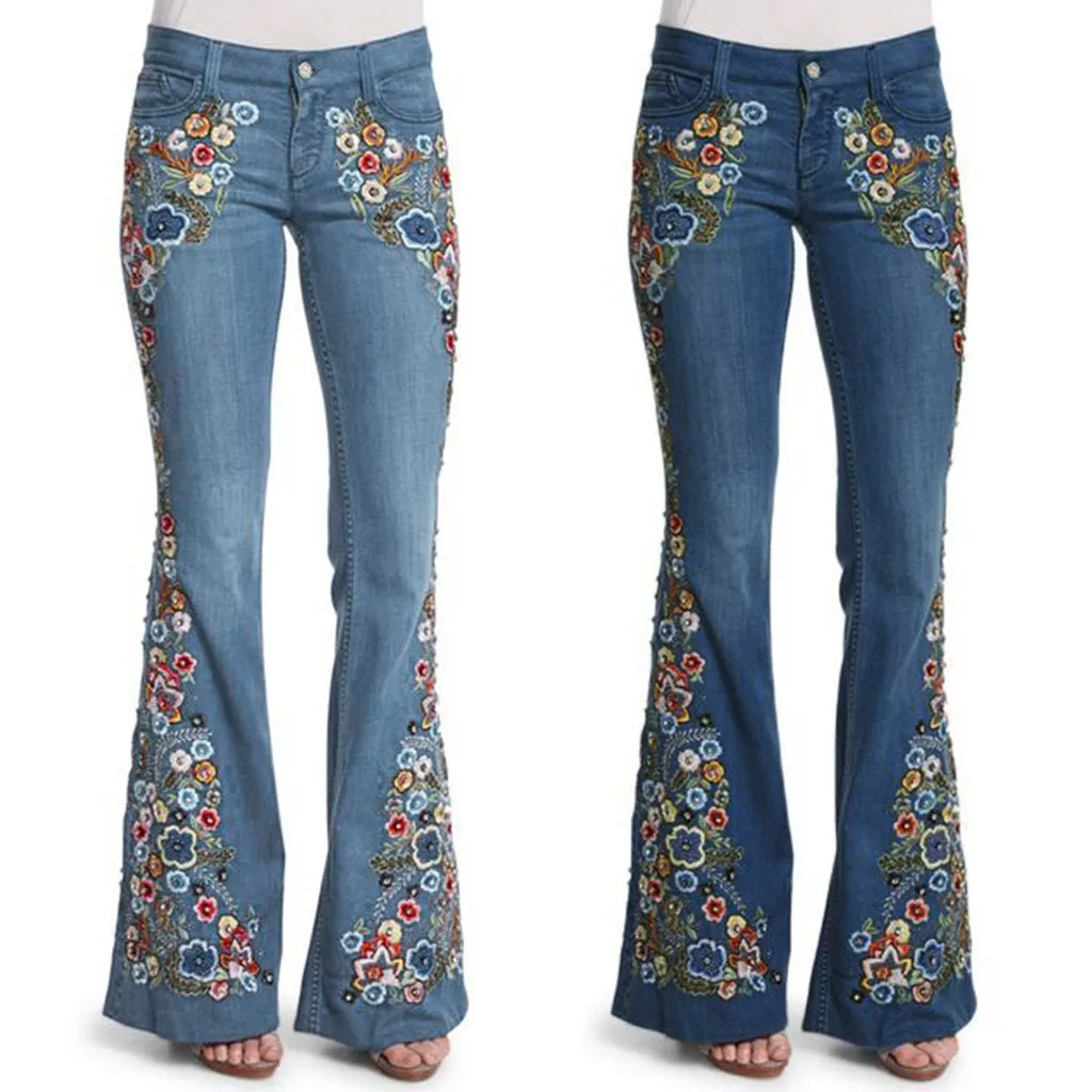 

Women Embroidery Flowers Destoryed Flare Jeans Button Waist Bell Bottom Denim Pants Autumn Winter Pants Trousers vintage blue