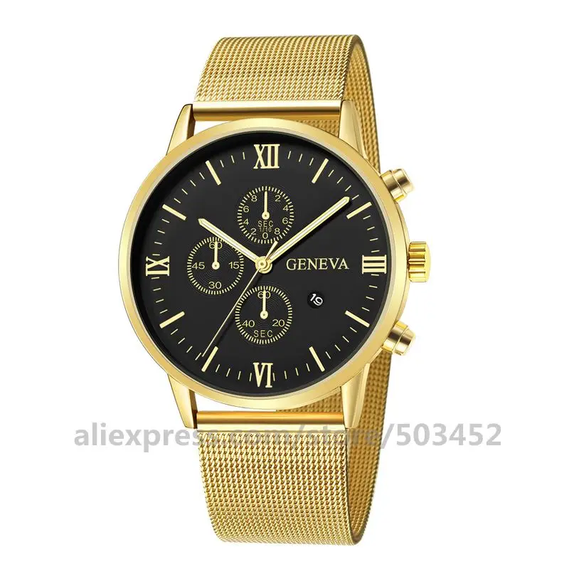 gold black 100 шт./лот, новинка, Geneva 657, мужские часы, три глаза, сетчатые часы, мужские, заводская цена, наручные часы с календарем, простые часы - Цвет: gold black