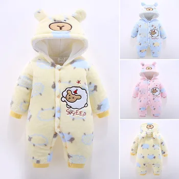

Infant Clothing Rompers Autumn Winter Newborn Baby Clothes Cartoon Crawlers Jumpsuit Flannel Warm Hooded Baby Girls Boy Overalls