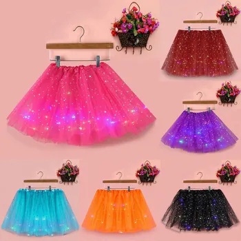 

New Fashion Skirts Women Star Sequins Mesh Spodnica Pleated Tulle Princess Mini Skirt With LED Small Bulb Skirt Ropa Mujer #C12
