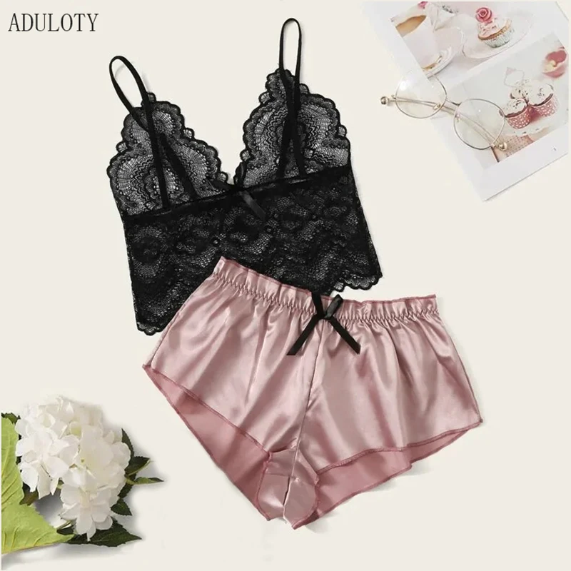 

ADULOTY Floral lace bra with satin shorts woman sexy underwear set 2019 new Lingerie ladies silk pajamas set wireless Braletette