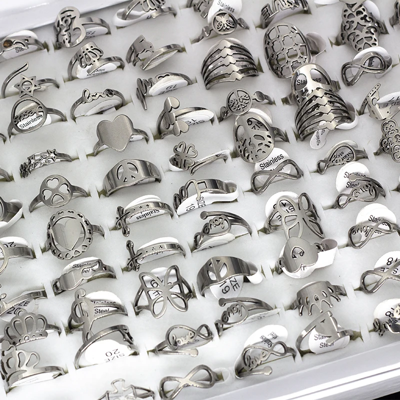 50Pcs/lot Mix Random Style Laser Cut Pattern Golden Color Stainless Steel Rings Women Party Ring 5