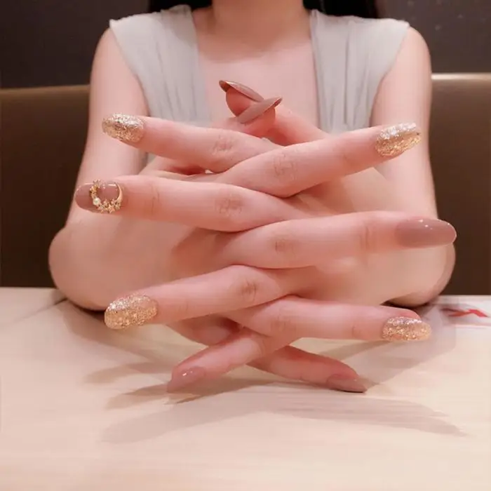 24 шт накладные ногти сладкий стиль обнаженные поддельные ногти розовый цвет блестящие золотые блестки Съемные поддельные ногти с клеем