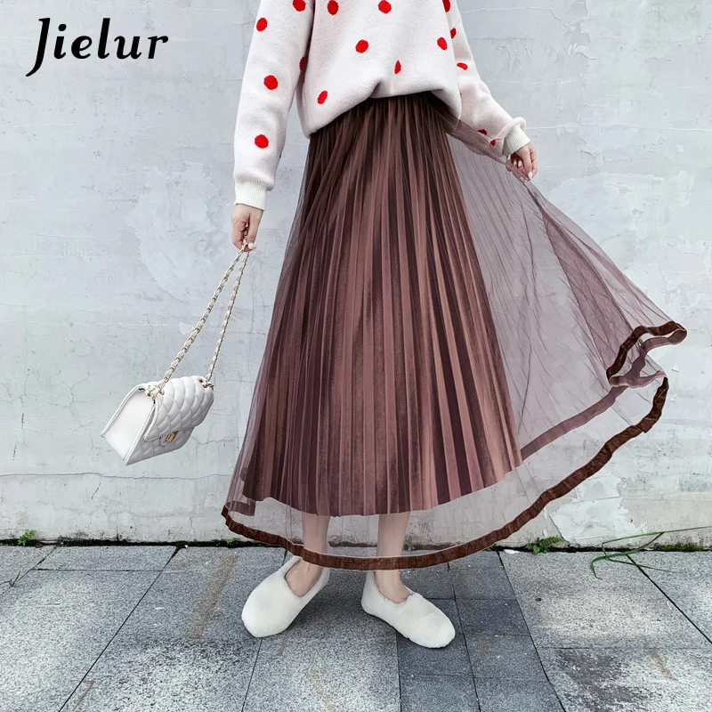 Jielur женские плиссированные юбки осень зима новые Однотонные эластичные бархатные юбки с высокой талией юбка из прозрачной ткани Jupe Femme Slim