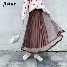 Jielur женские плиссированные юбки осень зима новые Однотонные эластичные бархатные юбки с высокой талией юбка из прозрачной ткани Jupe Femme Slim
