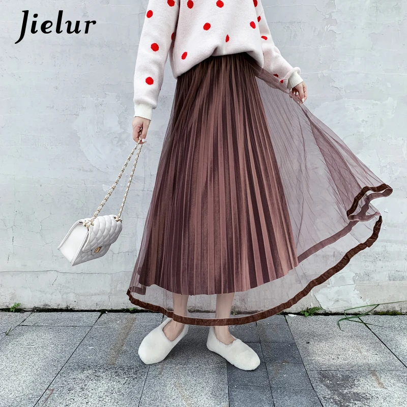 

Jielur Pleated Skirt Women Autumn Winter 2019 New Solid Color Elastic High Waist Velvet Skirts Mesh Tulle Skirt Jupe Femme Slim