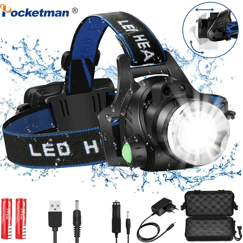 

Led Headlamp L2/T6 Zoomable 6000/8000lumens Headlight Head Torch Flashlight Head lamp 18650 battery for Fishing Hunting