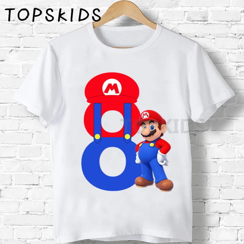 Свечи "Happy Birthday" для торта Super Mario номер 1 до 9 лет, футболки с мультипликационным принтом, для мальчиков и девочек, забавные детские топы Для детей, на лето футболка, HKP5233 - Цвет: White-H