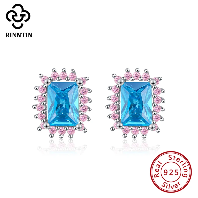 

Rinntin 100% 925 Sterling Silver Stud Earrings for Women Princess-cut Shiny Zircon Female Earrings Wedding Anniverary Gift SE300