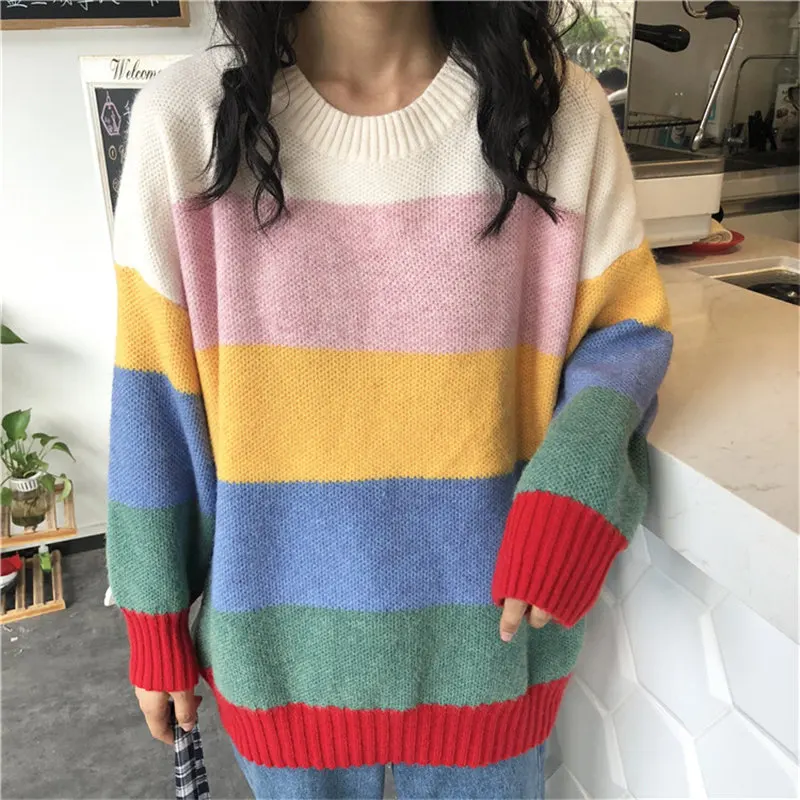 Woherb, Осенний Радужный женский свитер Harajuku, джемпер в полоску, пуловеры больших размеров, свитера в Корейском стиле, винтажная вязаная одежда 20585 - Цвет: white