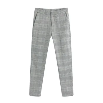 

Women Casual Plaid Pencil Pants Summer Fashion Ankle-length Trousers Female Classic High Waist Plaid Pants