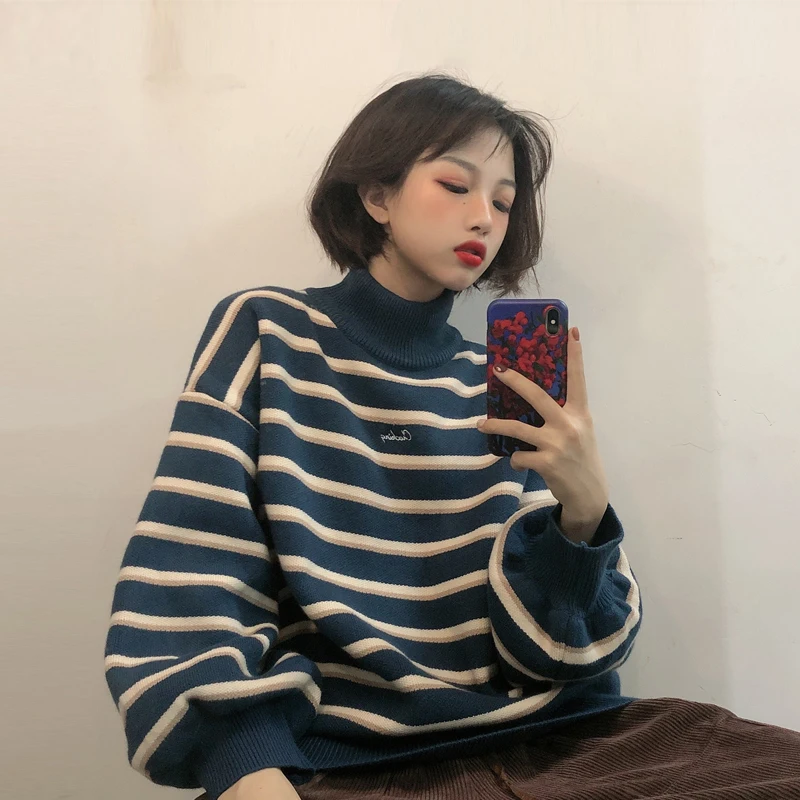 

Autumn 2020 New Korean Letter High Collar Striped Long Sleeve Sweater Women's Languid Pullover Top Fashion