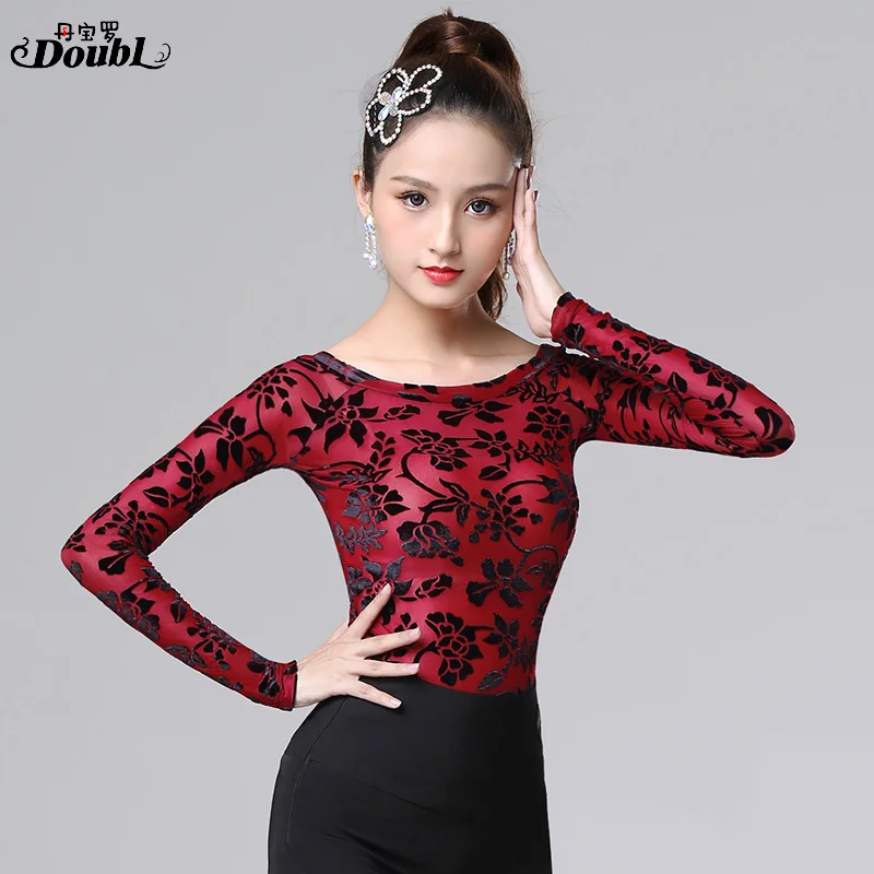 DOUBL 2020 Vogue Women's Latin Dancing Tops Wear Printing Female Adults New Ballroom Dance Long Sleeve Standard Practice Chacha
