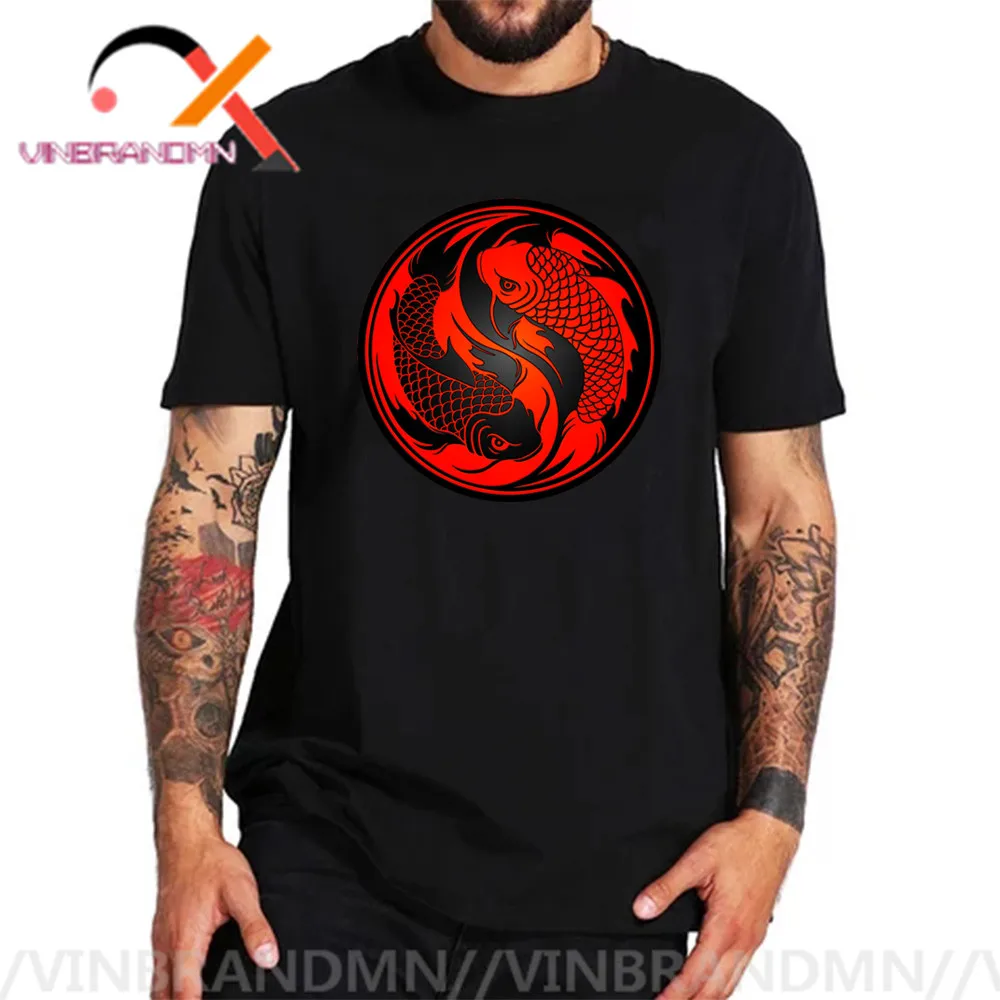 Novelty Design Yin Yang Carp Flyfish Tees Japan Style Koi Fish T-Shirt men's Cheap Price Adult Short Sleeve Cotton Tshirt man | Мужская