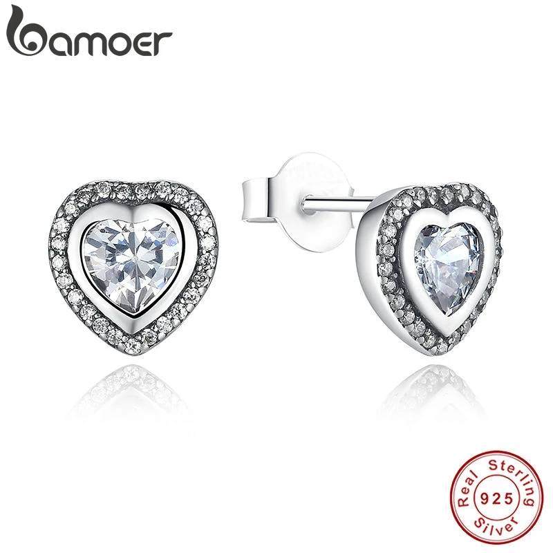 BAMOER 925 пробы серебряные серьги-гвоздики в форме сердца для женщин с прозрачным кубическим цирконием модные юбилейные ювелирные изделия PAS405