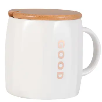 

1Pc Mug Cup Fashion Durable Simple Letters Ceramic Cup Chic Water Cup Wooden Lid Spoon Novel Coffee Cup