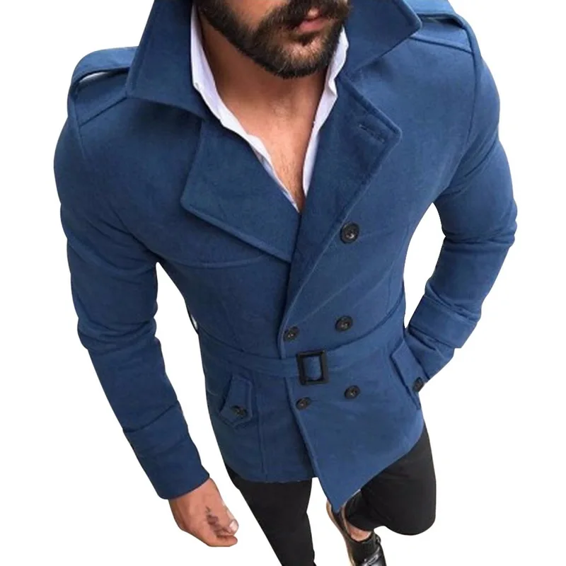 Мужской модный приталенный Тренч с длинным рукавом, повседневная куртка с отложным воротником, пальто, Мужская Осенняя зимняя теплая уличная одежда, пальто на пуговицах - Цвет: blue