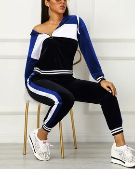 

2 Piece Outfit Long Pant Set Women Spring Fall Sweatshirt Jogging Trousers Patchwork Pullover Sportswear Sports Suit Tracksuit