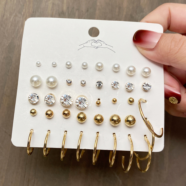 Geometric Gold Silver Color Cubic Zircon Crystal Stud Earrings Set For Women Fashion Pearl Earrings Gifts Jewelry